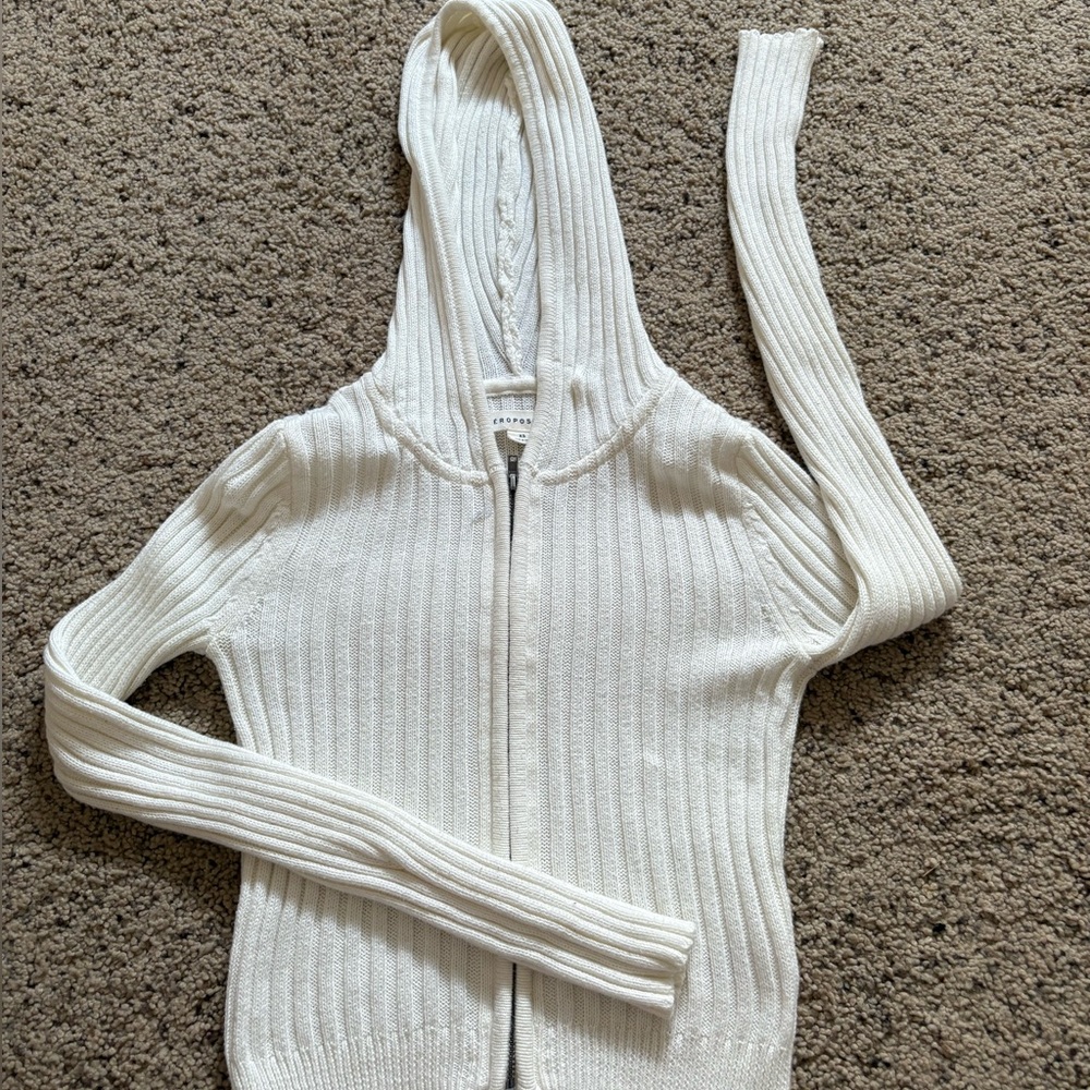 Aeropostale White Ribbed Hooded Cardigan - Picture 1 of 3